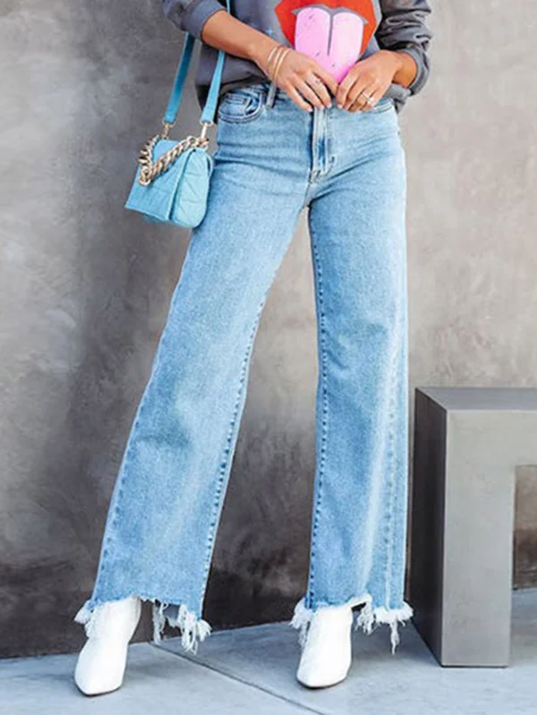 High Waisted Straight Leg Fringed Split-Joint Jean Pants Bottoms