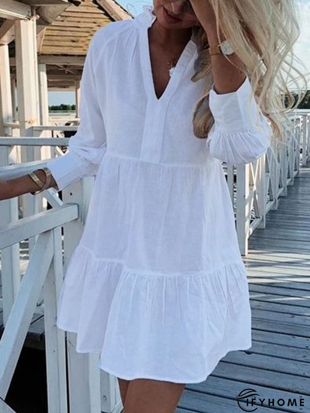 Casual V neck Plain Loose Long Sleeve Dress | IFYHOME