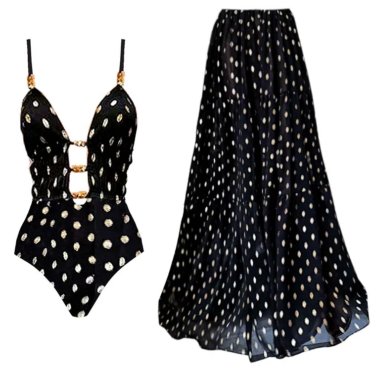 Black and Gold Polka Dots V-neck One Piece Swimsuit and Skirt