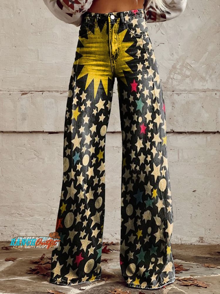Women’s Vintage Stars Print Casual Wide Leg Pants Multicolor / Xs