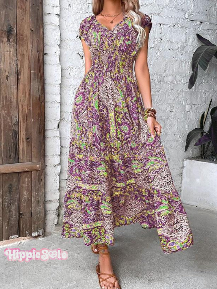 French Temperament Bohemian Exotic Holiday Style Printed Mid-Length Dress Pink / S