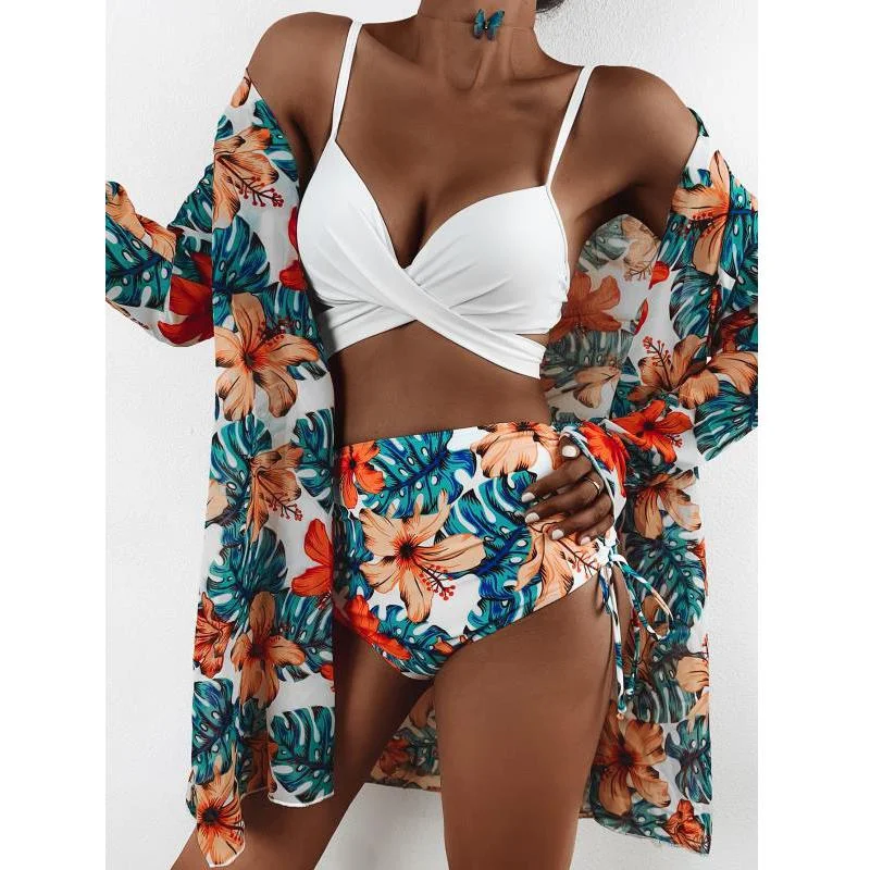 Freckange 2021 Summer Sexy Floral Print Bikini Swimsuit Women 3 Piece High Waist Bikini Set Swimwear Female Push Up Bathing Suit