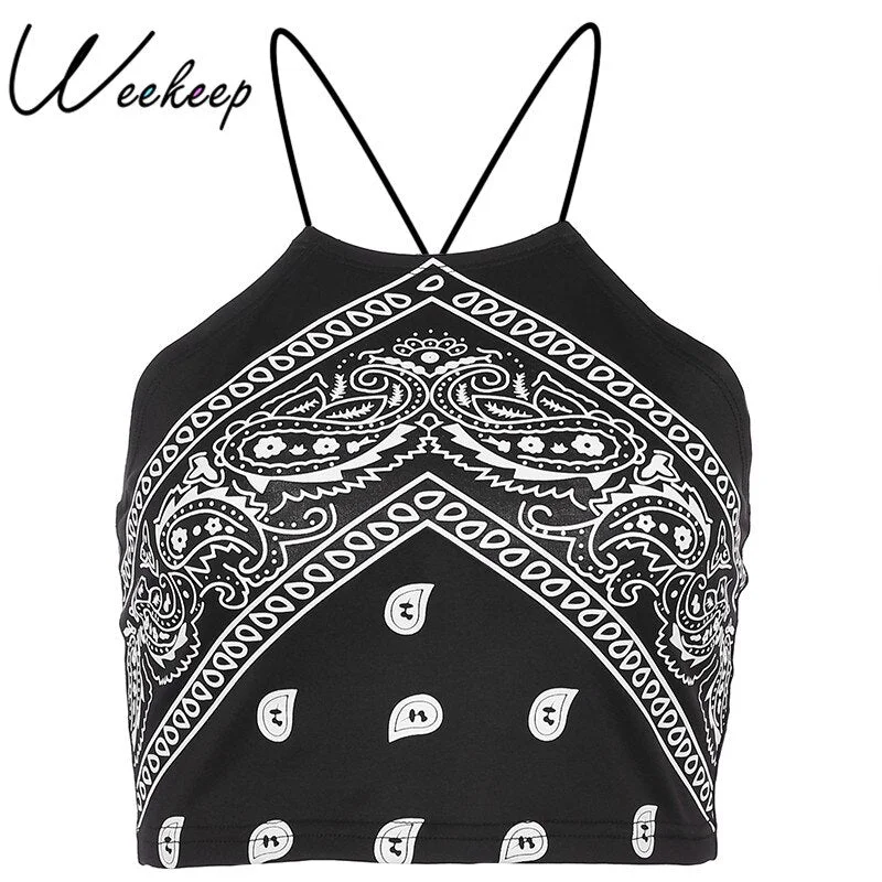 Weekeep Black Strap Cross Criss Camisa Women Sexy Bodycon Backless Print Crop Top Summer Tops For Women 2018 Cropped Bustier Top