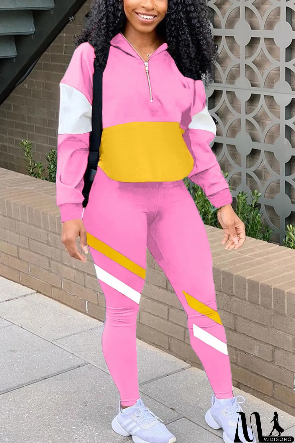 MidiSono - Fluorescent green Casual Striped Print Zippered Split Joint Mandarin Collar Long Sleeve Two Pieces