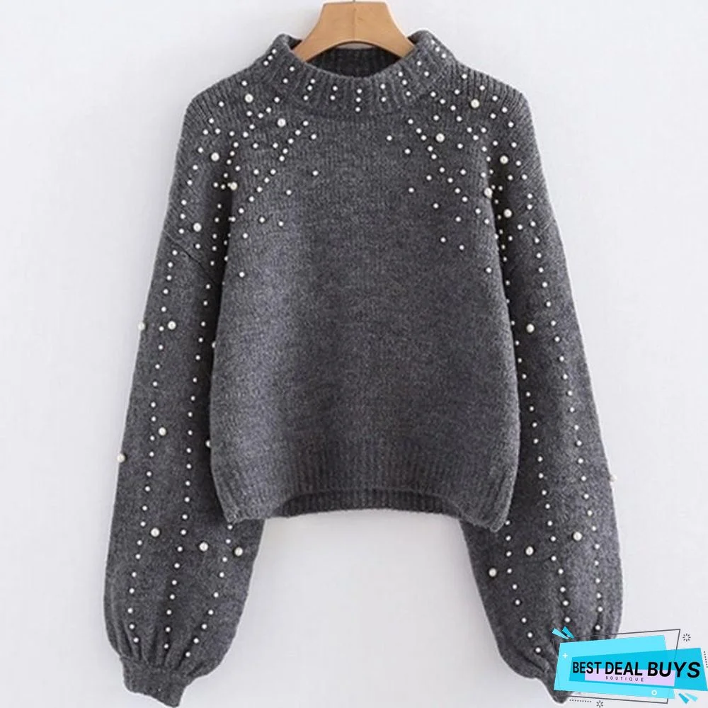 Round Neck Sweater Ladies Pullover Beaded Sweater