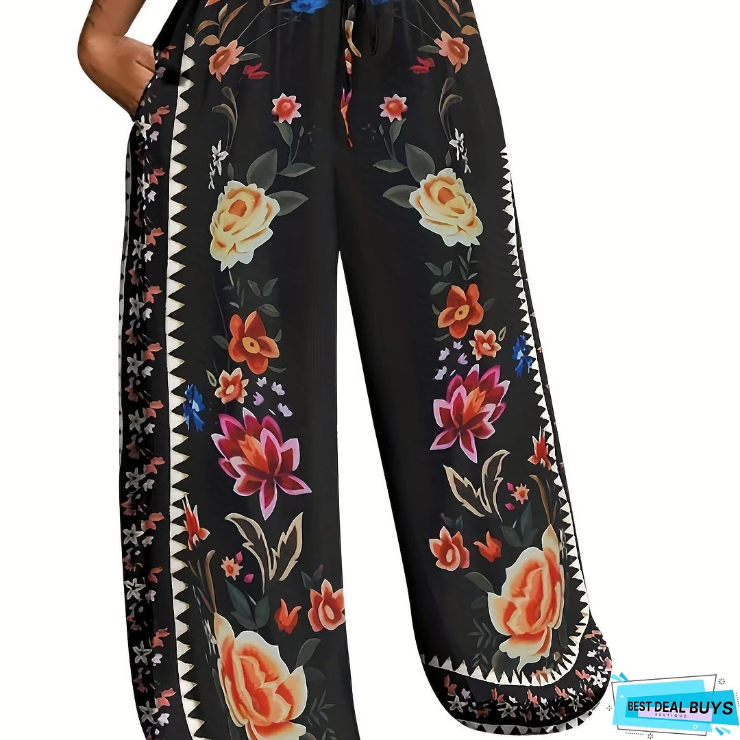 Peacock Print Wide Leg Pants, Retro Drawstring Long Length Palazzo Pants, Women's Clothing