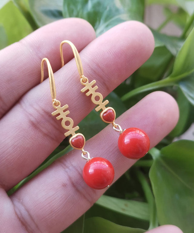 VCSHOES Red Cinnabar Sterling Silver Inlaid Agate Double Happiness Drop Earrings