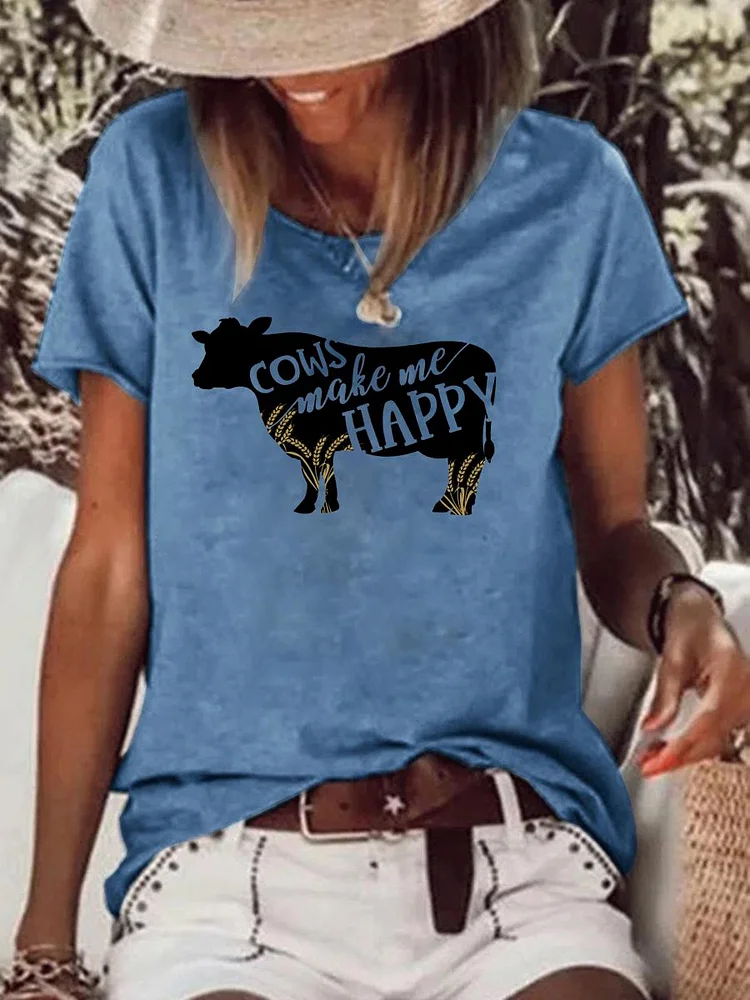 Cow Make Me Happy Raw Hem Tee