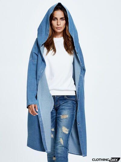 Button Up Dropped Shoulder Hooded Denim Top