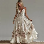 Women's Vintage Rose Embroidery Art V-neck Suspender Maxi Dress - Image 2