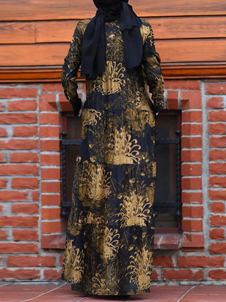 Women Ethnic Calico Print Pocket Patchwork Casual Maxi Dress