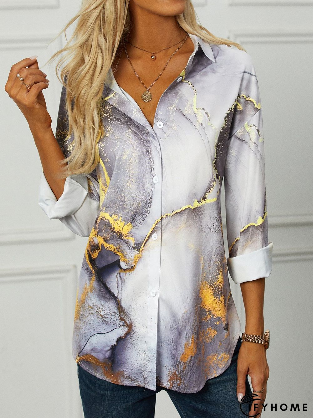 Casual Shawl Collar Abstract Long sleeve Loose Blouse | IFYHOME