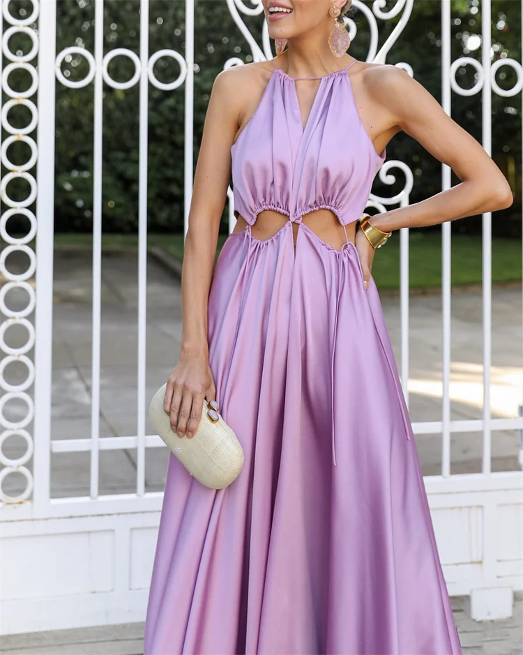 Women's Purple Halter Neck Satin Dress
