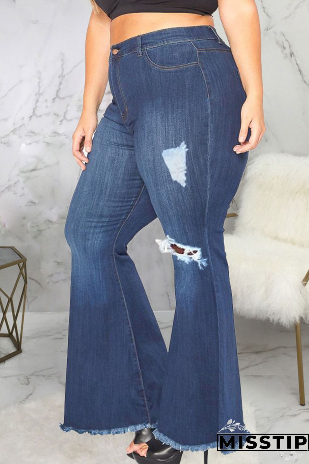 Dark Blue Sexy Solid Ripped Plus Size