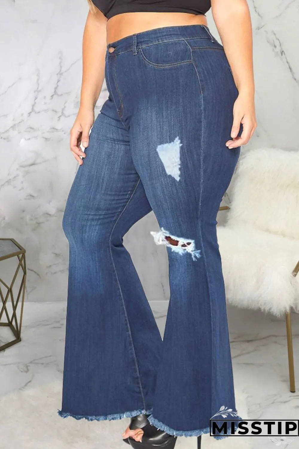 Dark Blue Sexy Solid Ripped Plus Size