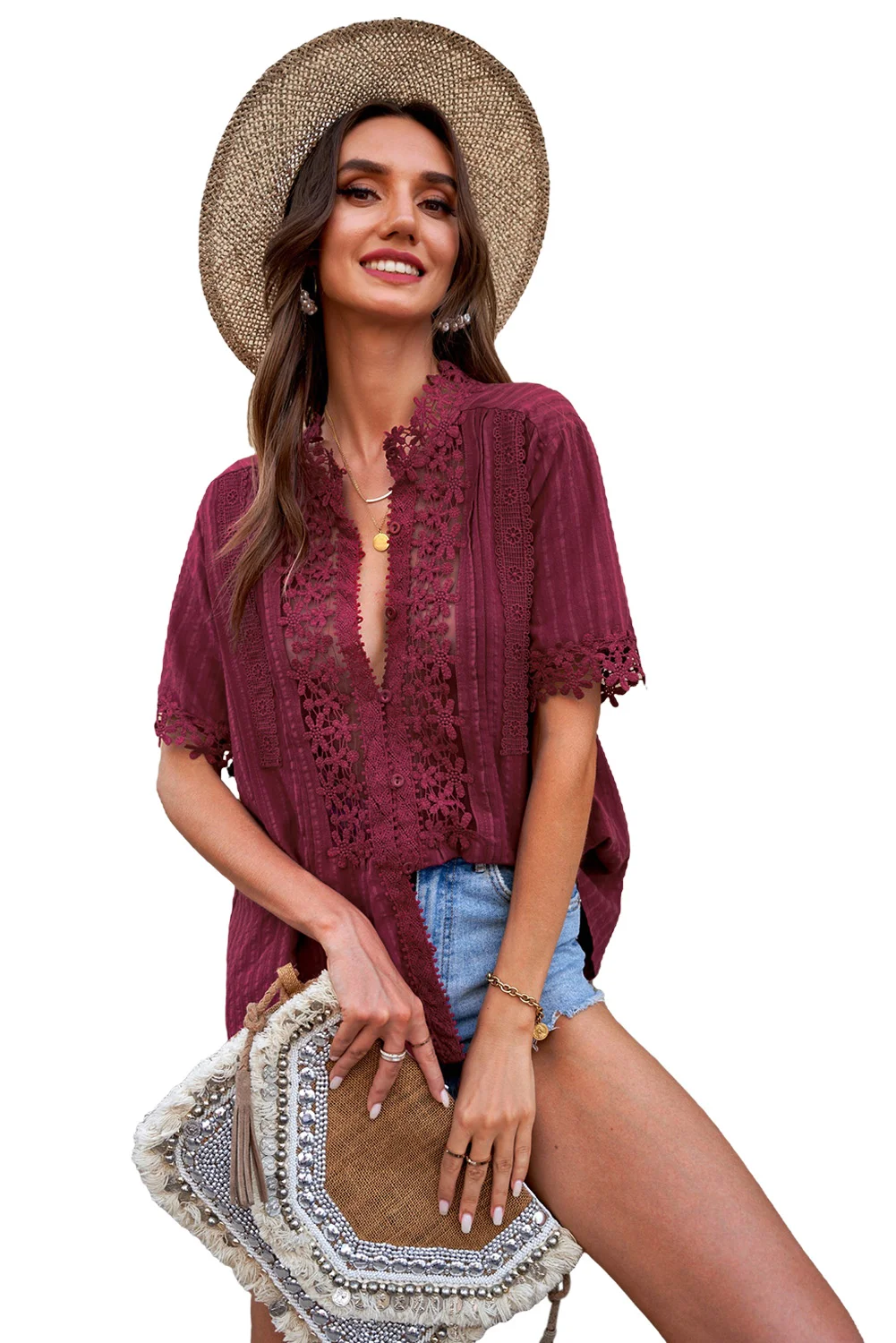 Wine Red Crochet Hollow-out Lace Splicing Short Sleeve Top