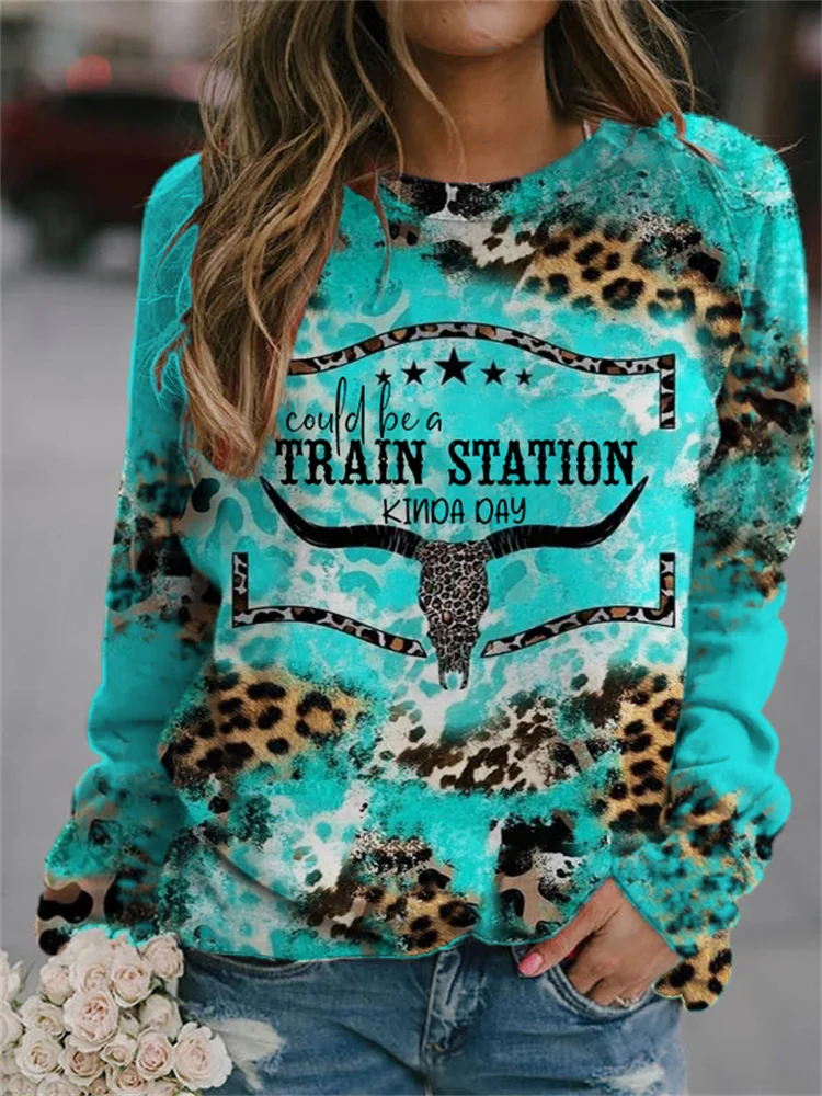 Train Station Kinda Day Bull Skull Cowhide Leopard Sweatshirt