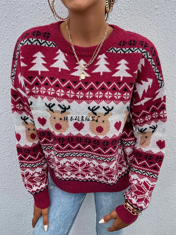 Christmas Tree Elk Stamped Roomy Long Sleeves Round-Neck Sweater Tops
