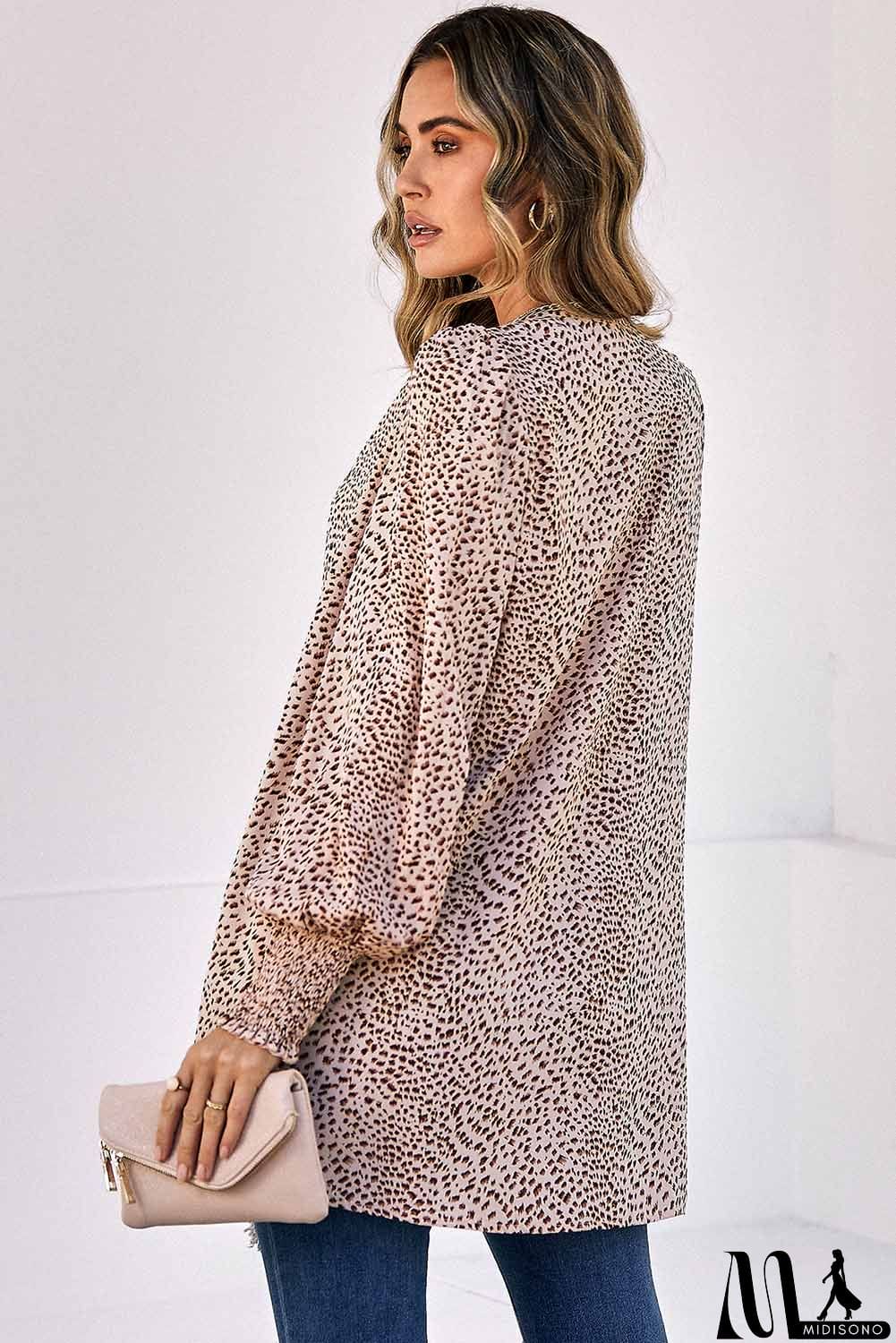 MidiSono - Animal Print Shirred Cuff Lantern Sleeve Cardigan