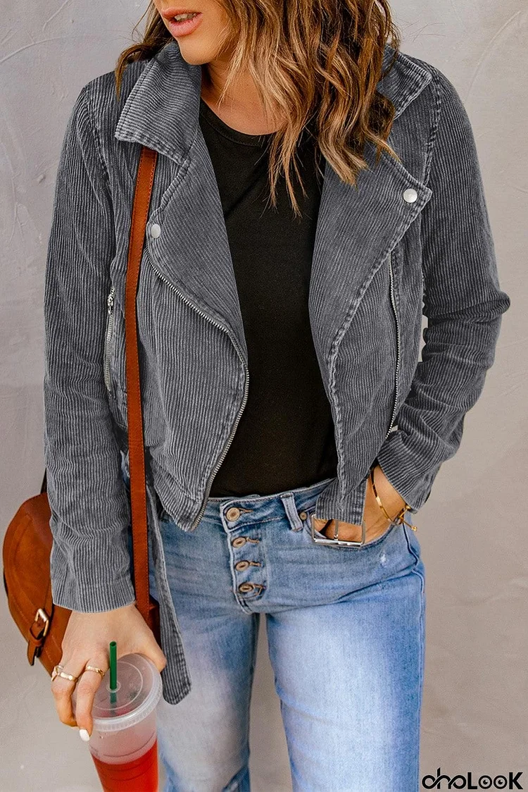 Belted Zip-Up Corduroy Jacket