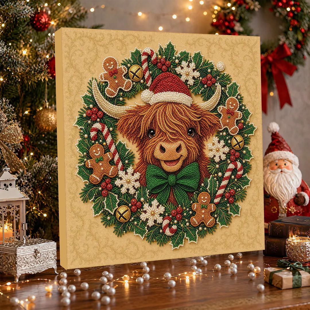 Framed Pearl Painting Kit Scottish Scotland Celtic Cow Christmas Wreath 7.87x7.87in
