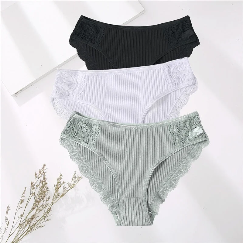 FINETOO 3PCS/Set M-XXL Cotton Underwear Women's Panties Comfort Underpants Floral Lace Briefs For Woman Sexy Low-Rise Intimates