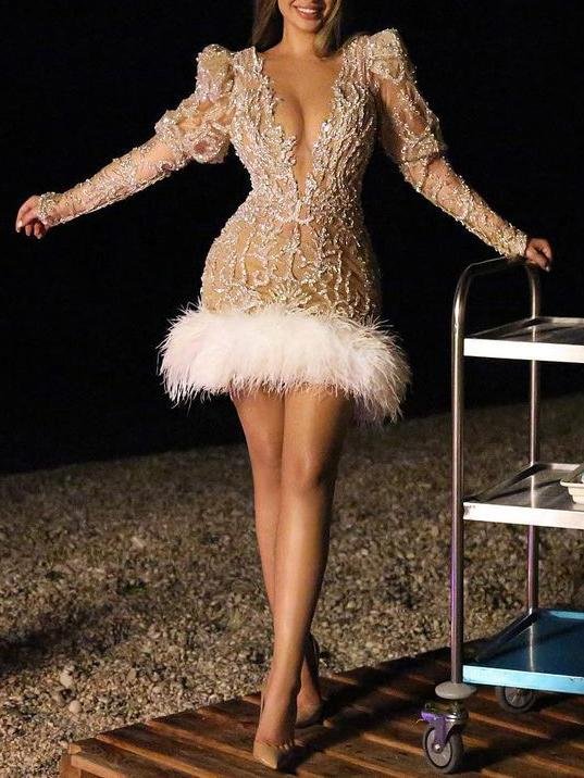 Neosepa-Pluning V Neck Long Sleeve V-cut Back Rhinestone Trimmed Feather Designer Gown