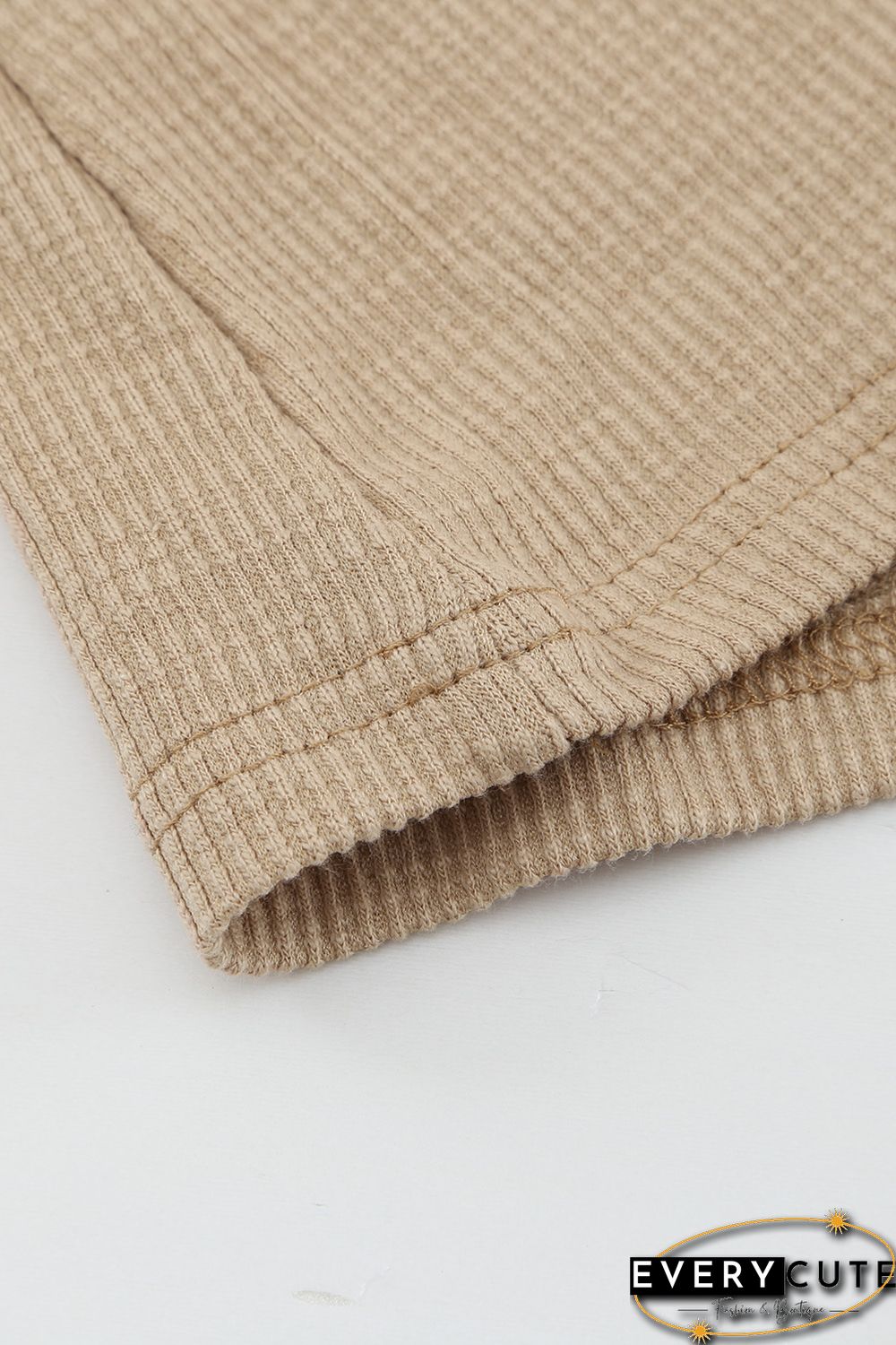 Khaki Crewneck Buttons Ribbed Knit Long Sleeve Top