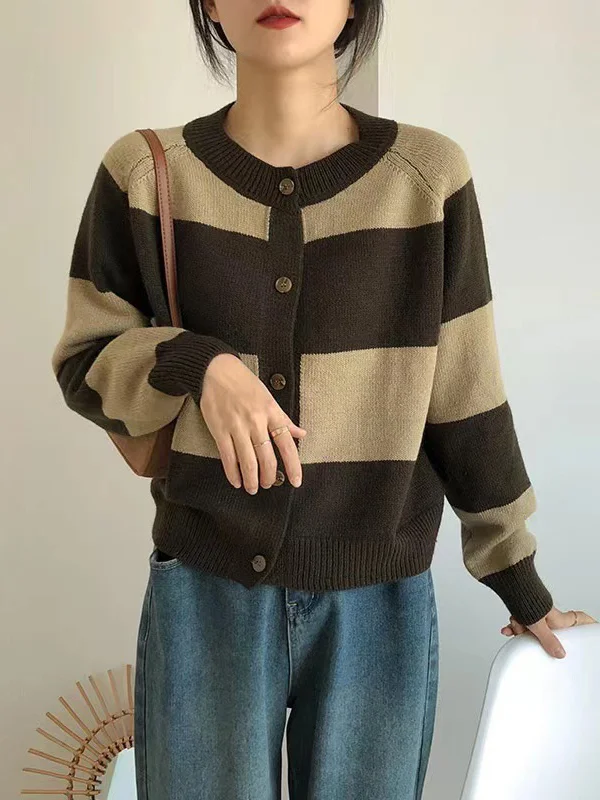 Casual Buttoned Contrast Color Striped Cardigan Tops