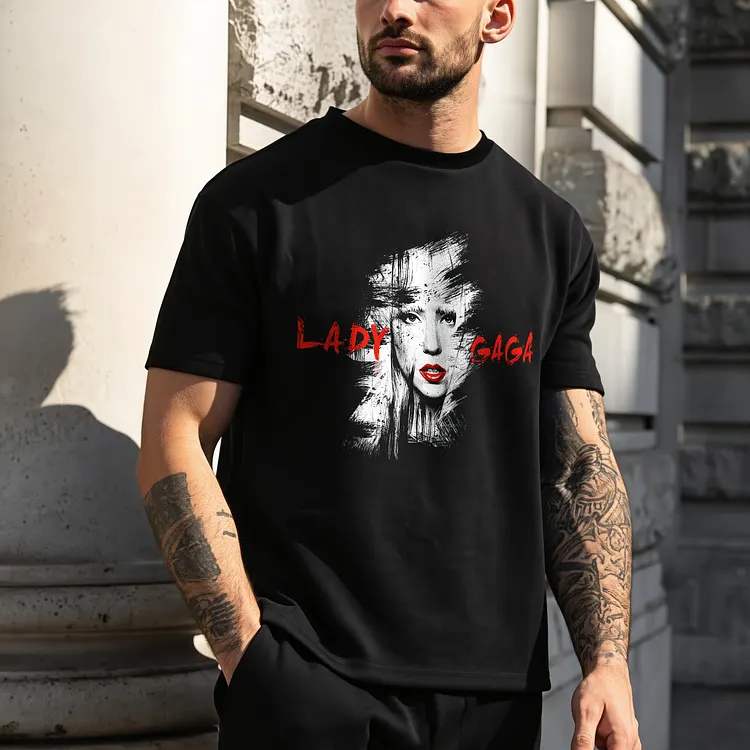 Lady Gaga Red Lips Brushstroke Portrait Printed Men's T-shirt