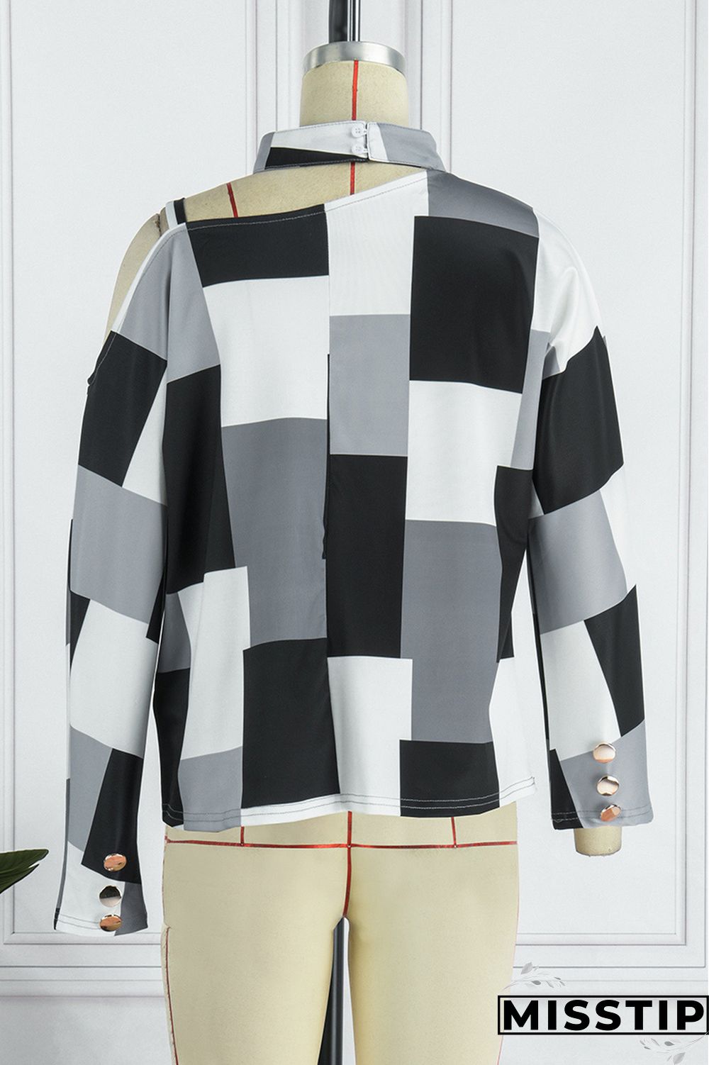 Black White Casual Print Hollowed Out Patchwork Turtleneck Tops