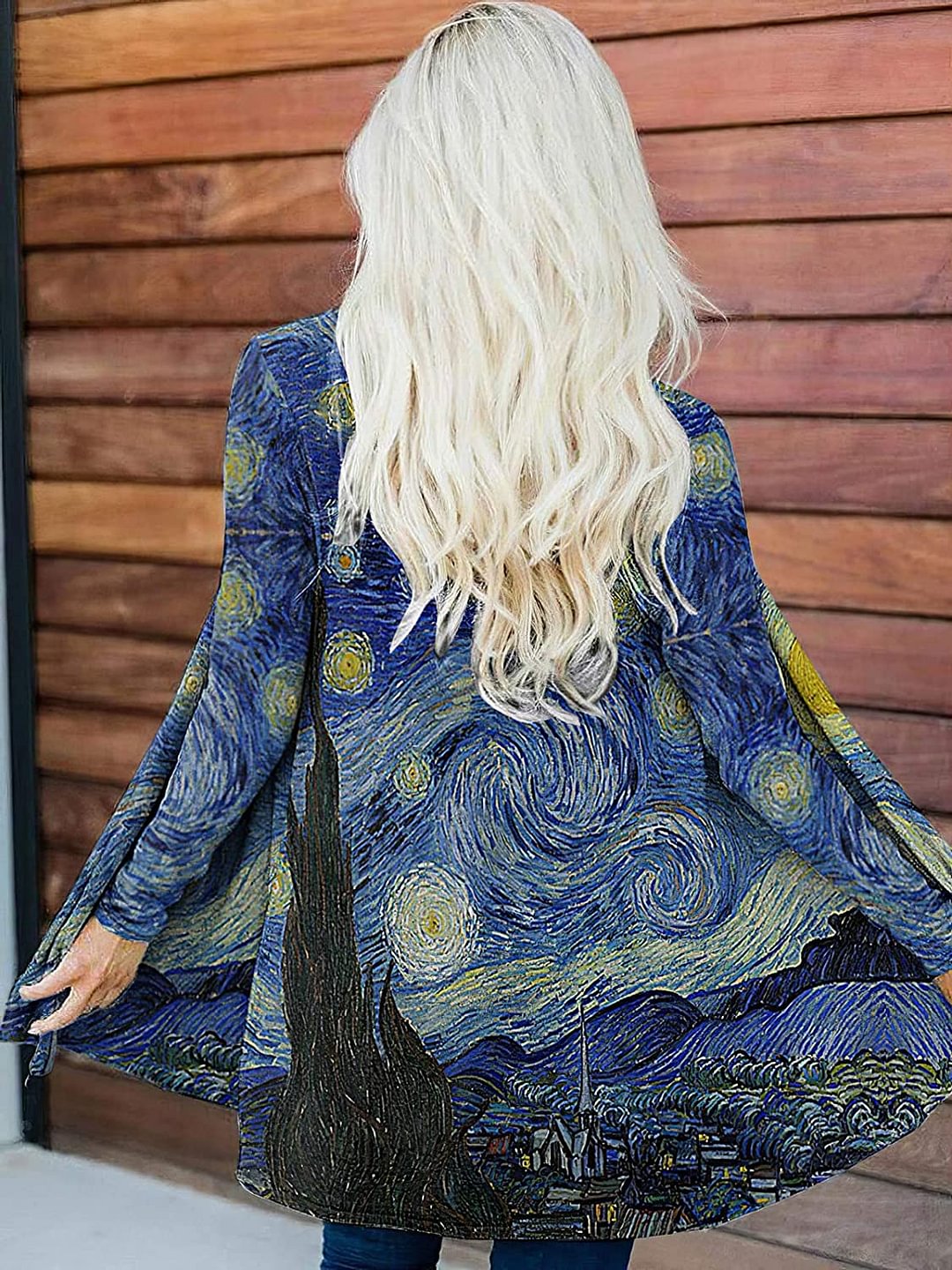 Oil Painting Van Gogh's Starry Sky Long Cardigans for Women Loose Casual Long Sleeved Light Weight Open Front Cardigans