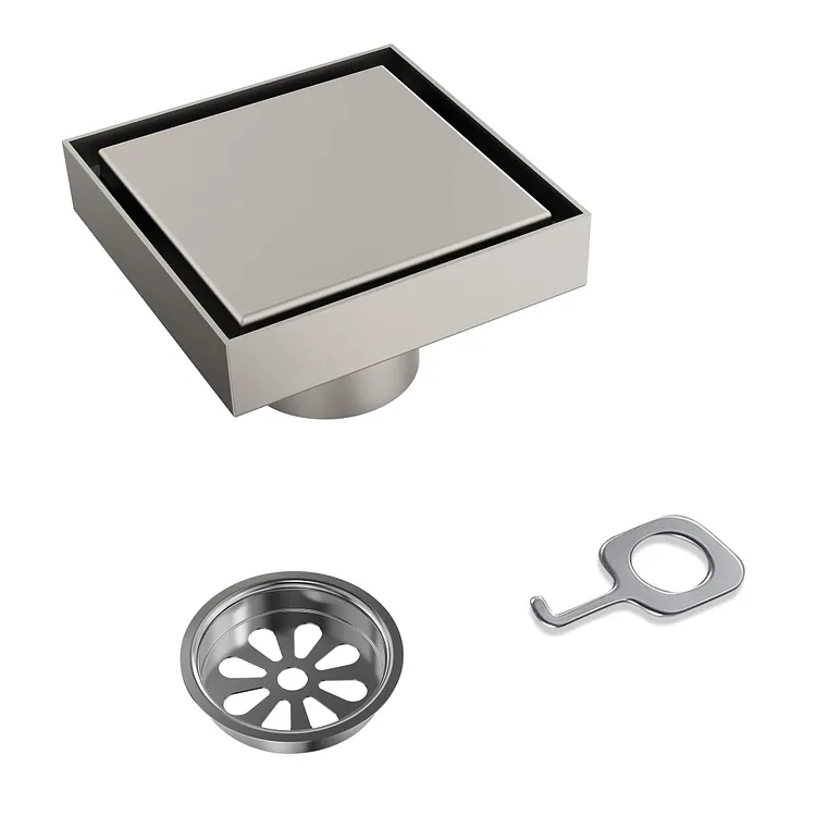 EVERSTEIN 4-Inch Square Shower Floor Drain  Brushed Nickel