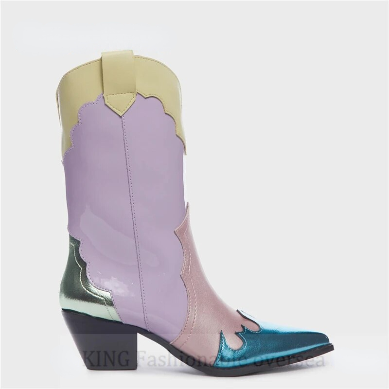 VCSHOES Women Multi Color Metallic Leather Cowboy Boots Western Style Block Heels Mid-calf Boots Pointy Toe Pull On Cowgirl Boots