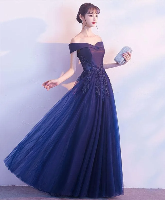 Dark Blue Off Shoulder Long Prom Dress, Blue Evening Dress SP16445