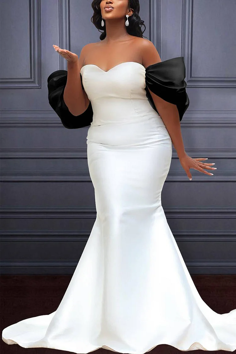 Plus Size White Formal Satin Off Shoulder Ruffle Maxi Dresses [Pre-Order]