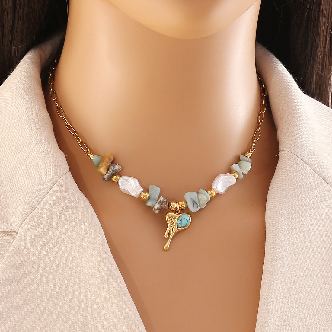 Natural Stone Beaded Necklace Set Eyes Heart Stainless Steel Pendant N1455