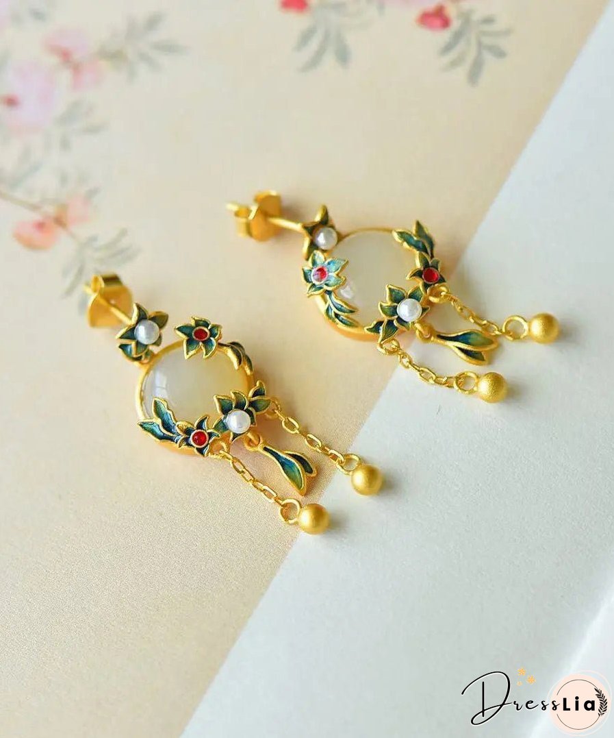Modern Green Floral Sterling Silver Inlaid Hetian Jade Agate Pearl Drop Earrings