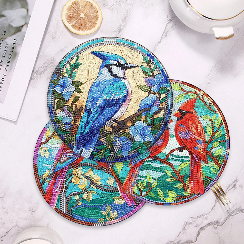 4pcs DIY Bird In The Tree Acrylic Diamond Painted Placemats for Dining Table Decor(19.5cm)