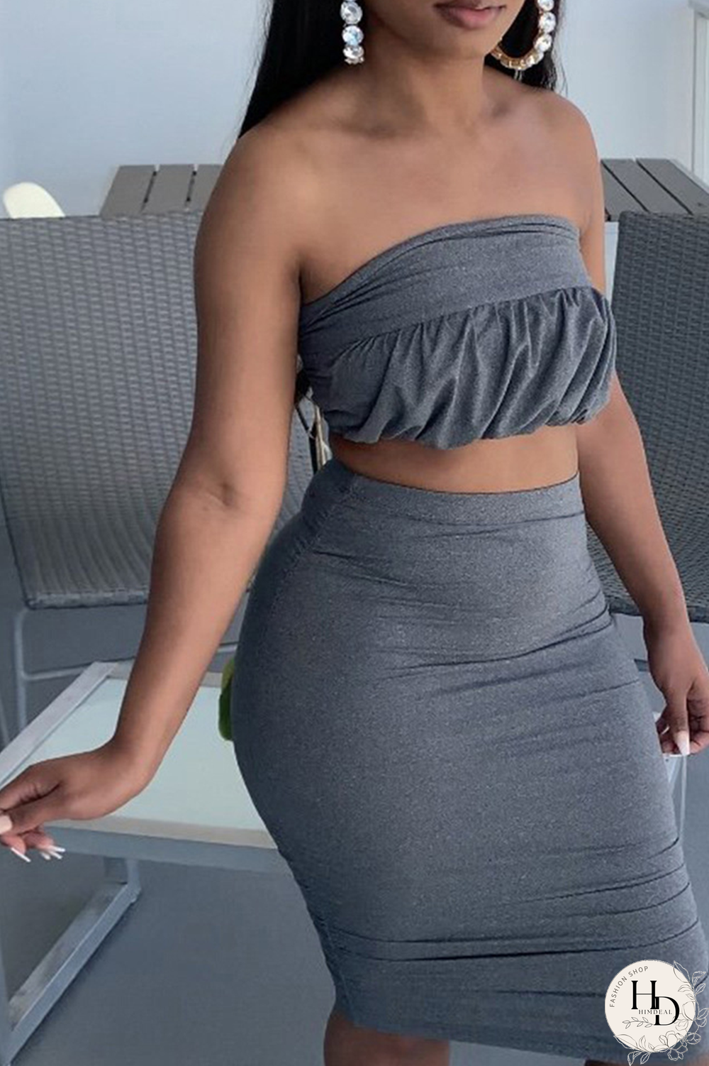 Dark Gray Sexy Solid Split Joint Strapless Sleeveless Two Pieces