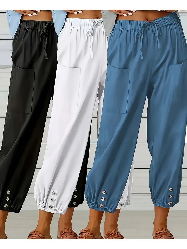1pc Set Of Unisex Loose High Waisted Buckle Elastic Waist Loose 9-Inch Wide Leg Pants With Pockets - Women's Casual Outdoor Pants, All Season Comfortable Black), High Waisted Pants | Practical Pocket