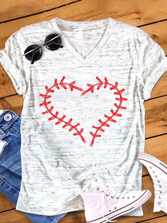 Women's Baseball Print V-Neck T-Shirt socialshop