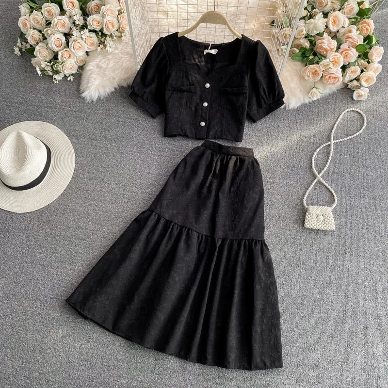 Blouse Skirts Sets Two Piece Set Women Fashion Puff Sleeve Square Collar Short Blouse Shirt High Waist Long Skirt Women's