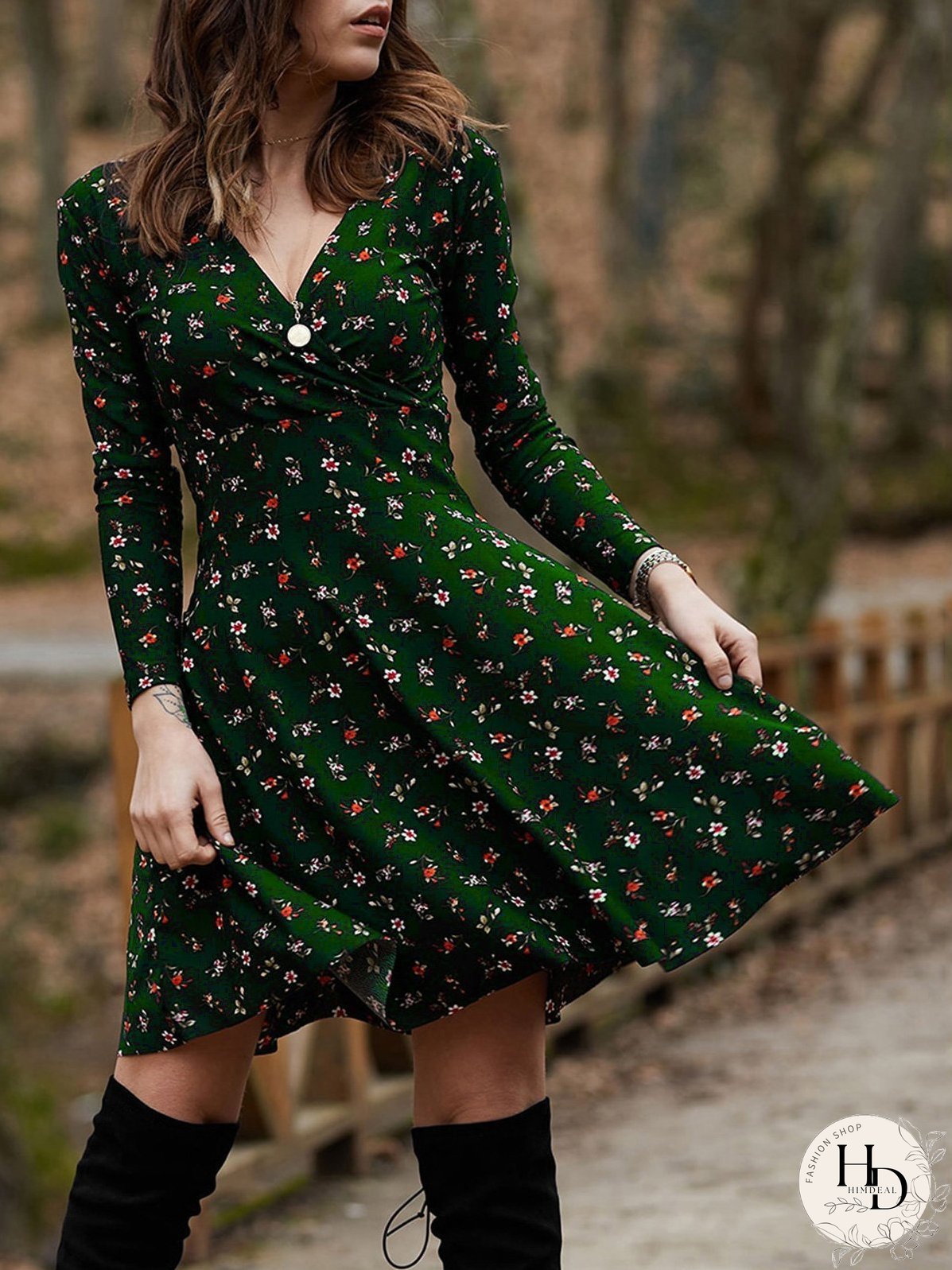 Dresses Floral Long Sleeve V-Neck Mini Dress for Women