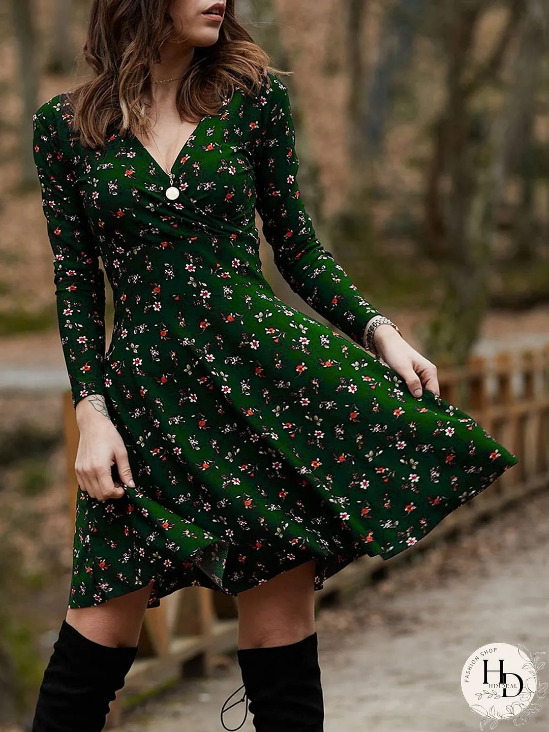 Dresses Floral Long Sleeve V-Neck Mini Dress for Women
