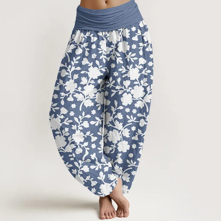 Cotton White Flowers Leaves Stars Pattern Women's Elastic Waist Harem Pants