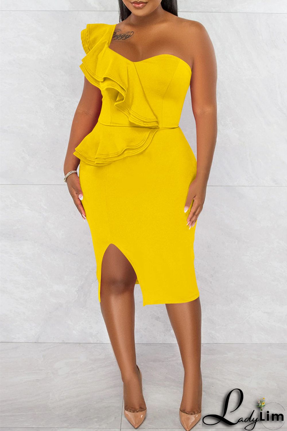 Orange Fashion Sexy Solid Patchwork Backless Slit One Shoulder Sleeveless Dress