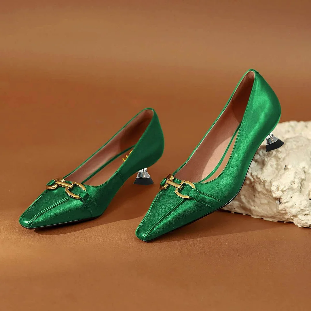 Green Pointed Toe Horsebit Slip On Low Kitten Heel Pumps for Women