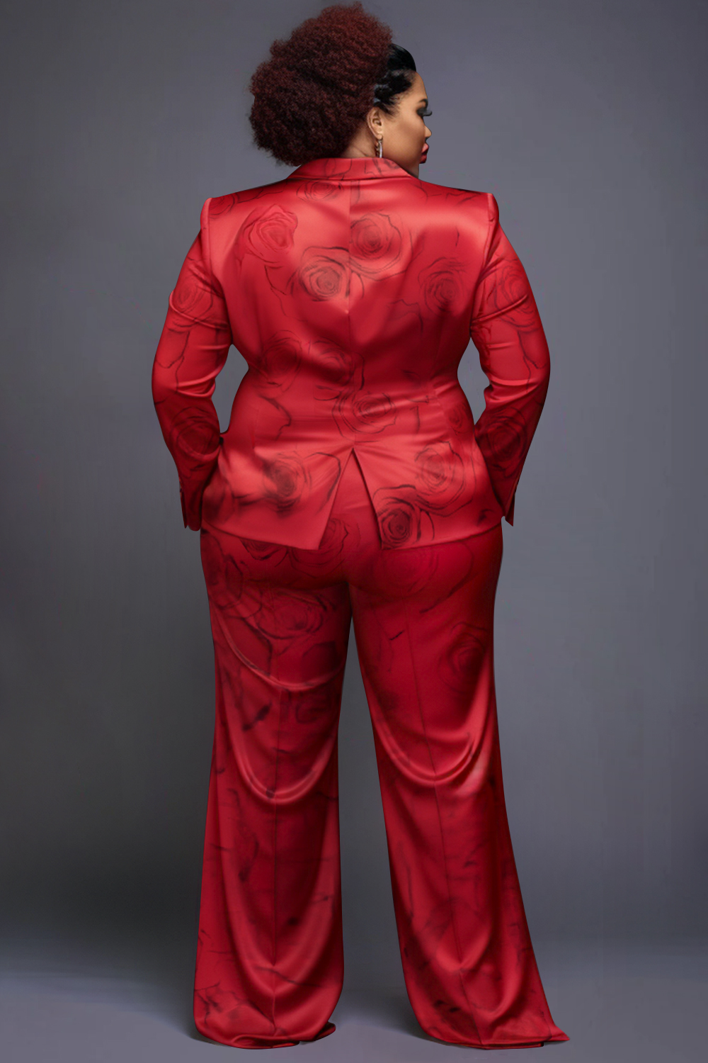 Design Plus Size Daily Pant Suits Casual Red Floral Spring Summer Turndown Collar Long Sleeve Satin Two Piece Suit Pant Sets [Pre-Order]