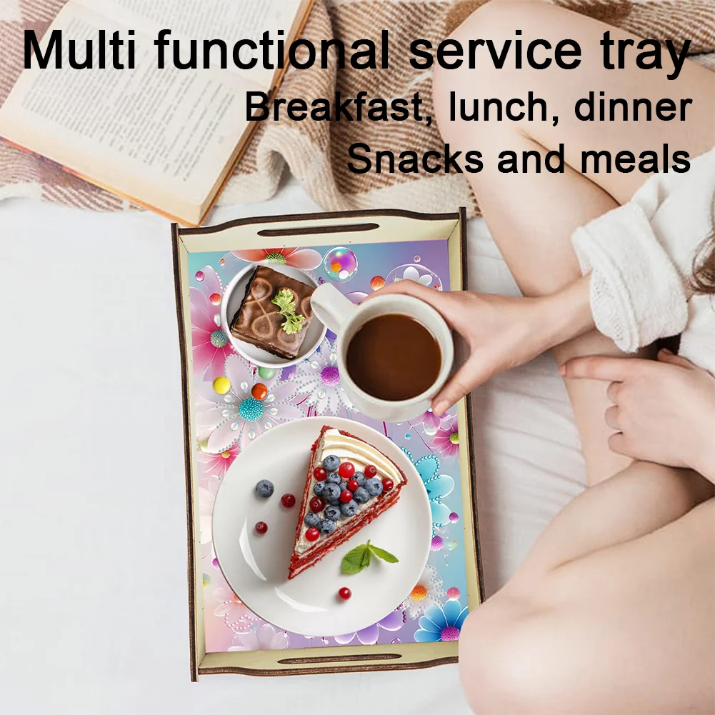 5D DIY Flower Diamond Painting Wooden Serving Tray with Handle for Home Decor